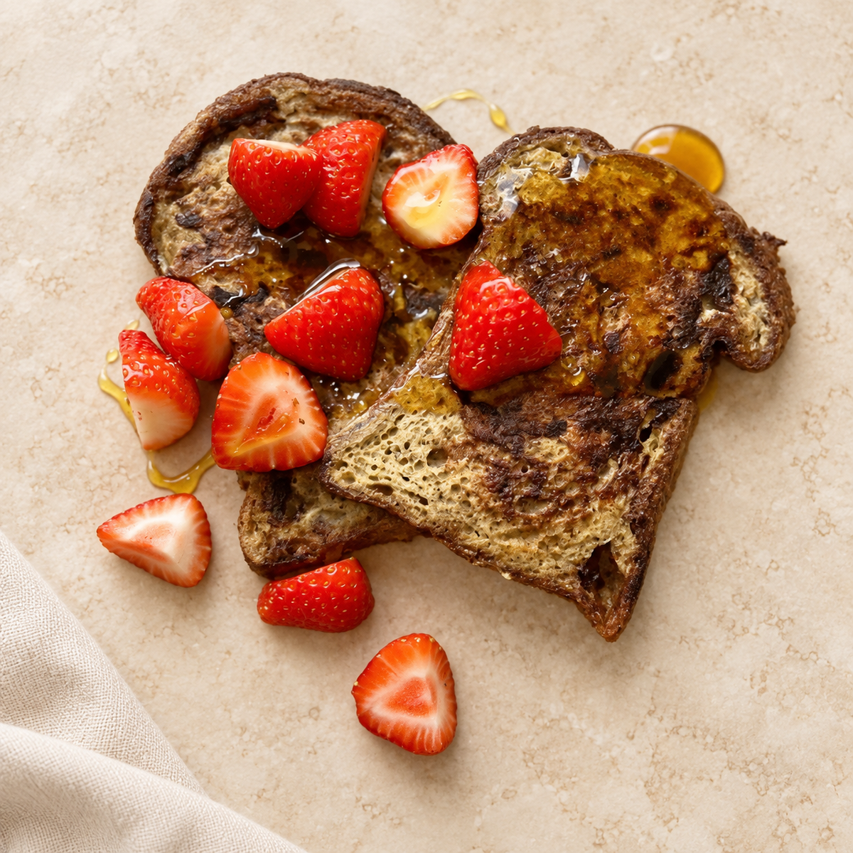 SRSLY low carb fruit bread French toast served with strawberries