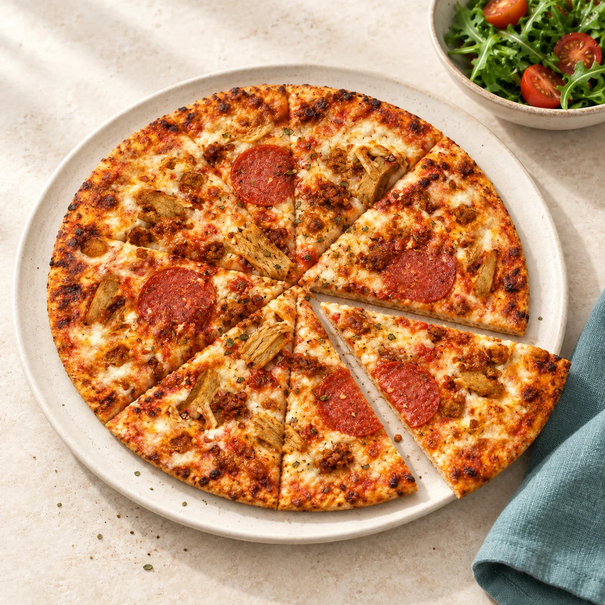 SRSLY Mighty Meat-Free Pizza served with salad