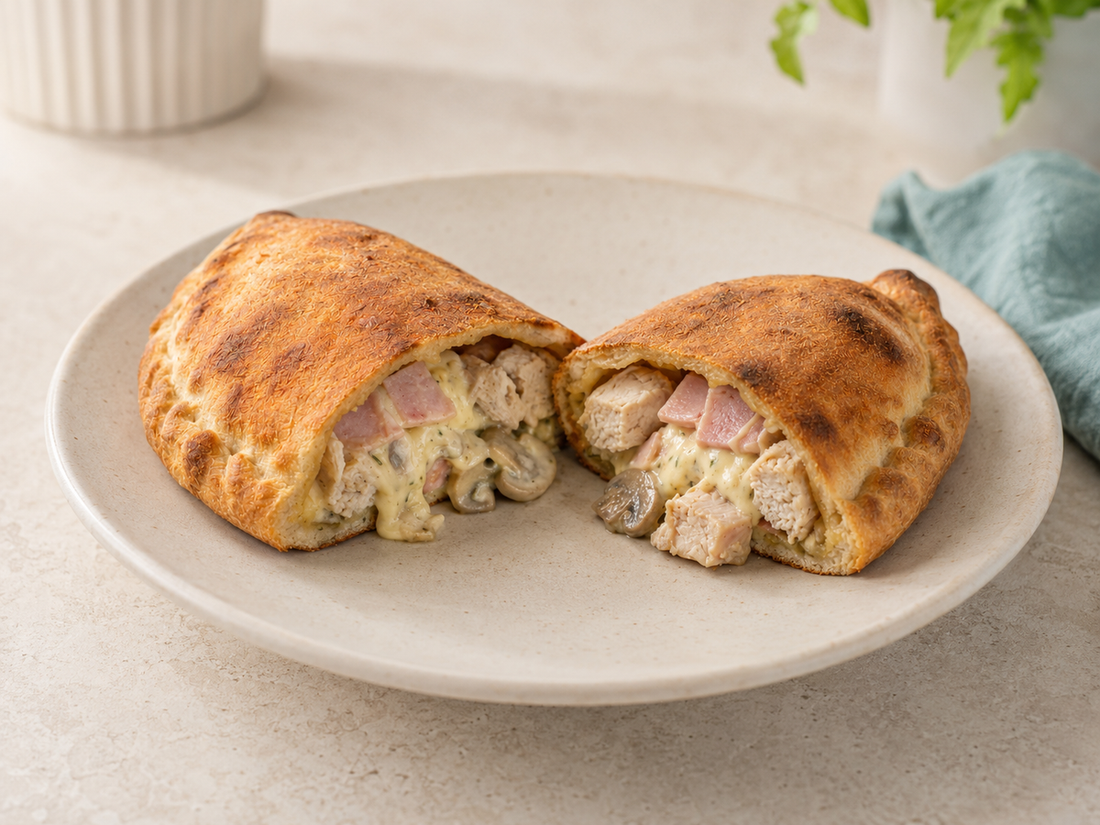 SRSLY high-protein Chicken, Ham and Mushroom Pizza Bake cooked in an air fryer