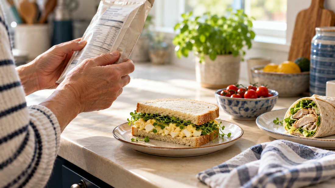 A person checking a food packet beside an egg sandwich and chicken salad wrap in a bright kitchen.