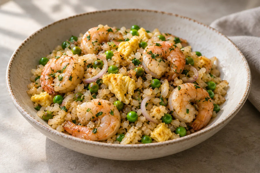 Egg Fried Konjac Rice With Garlic & Herb Prawns