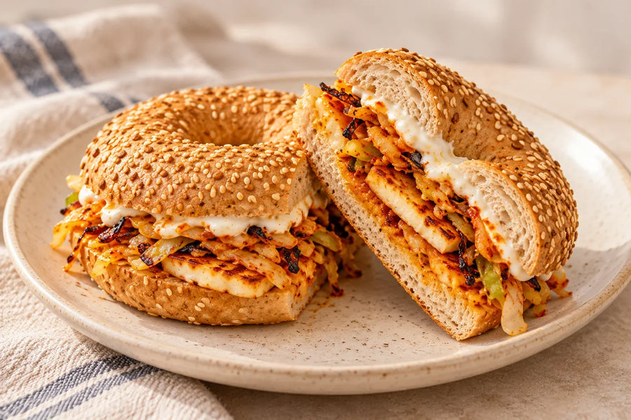 Harissa Cabbage & Halloumi Bagel with Lemon Yoghurt