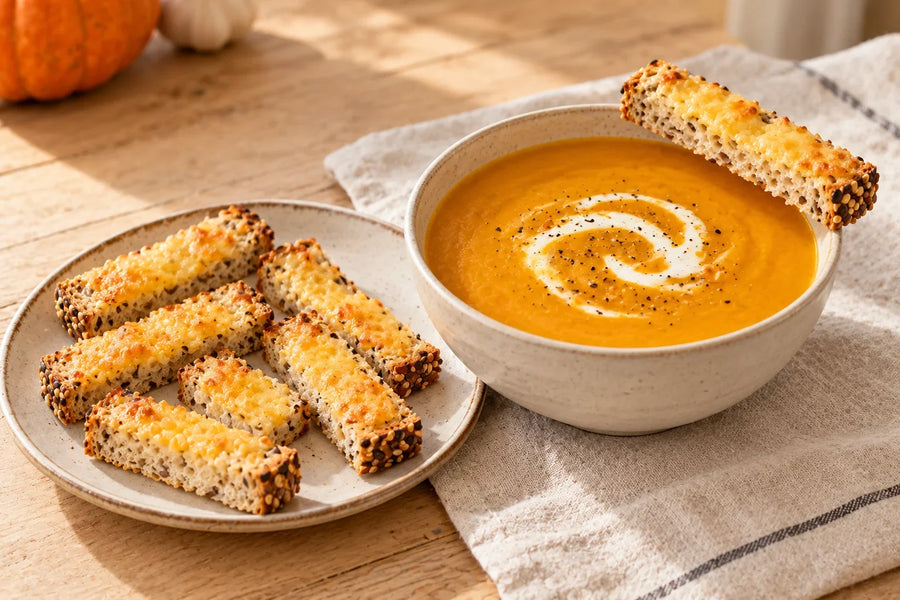Roasted Pumpkin & Garlic Soup with Cheesy Seeded Toast Dunkers