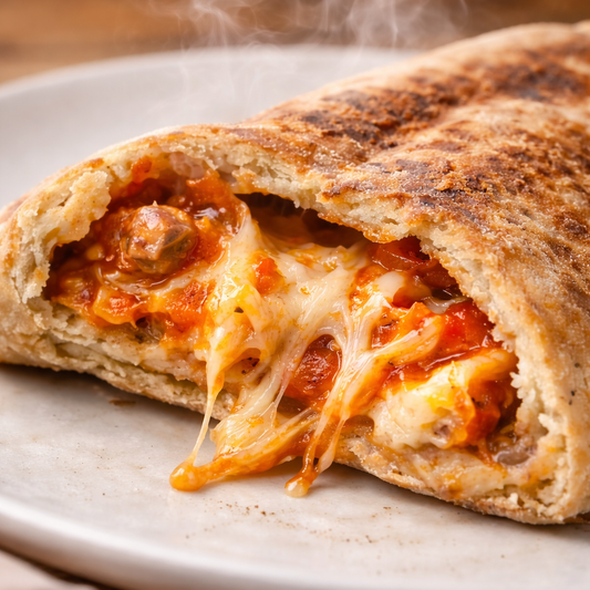 Stable blood sugar curve from a high-protein Pizza Bake compared with a spike and crash from a standard bakery pasty