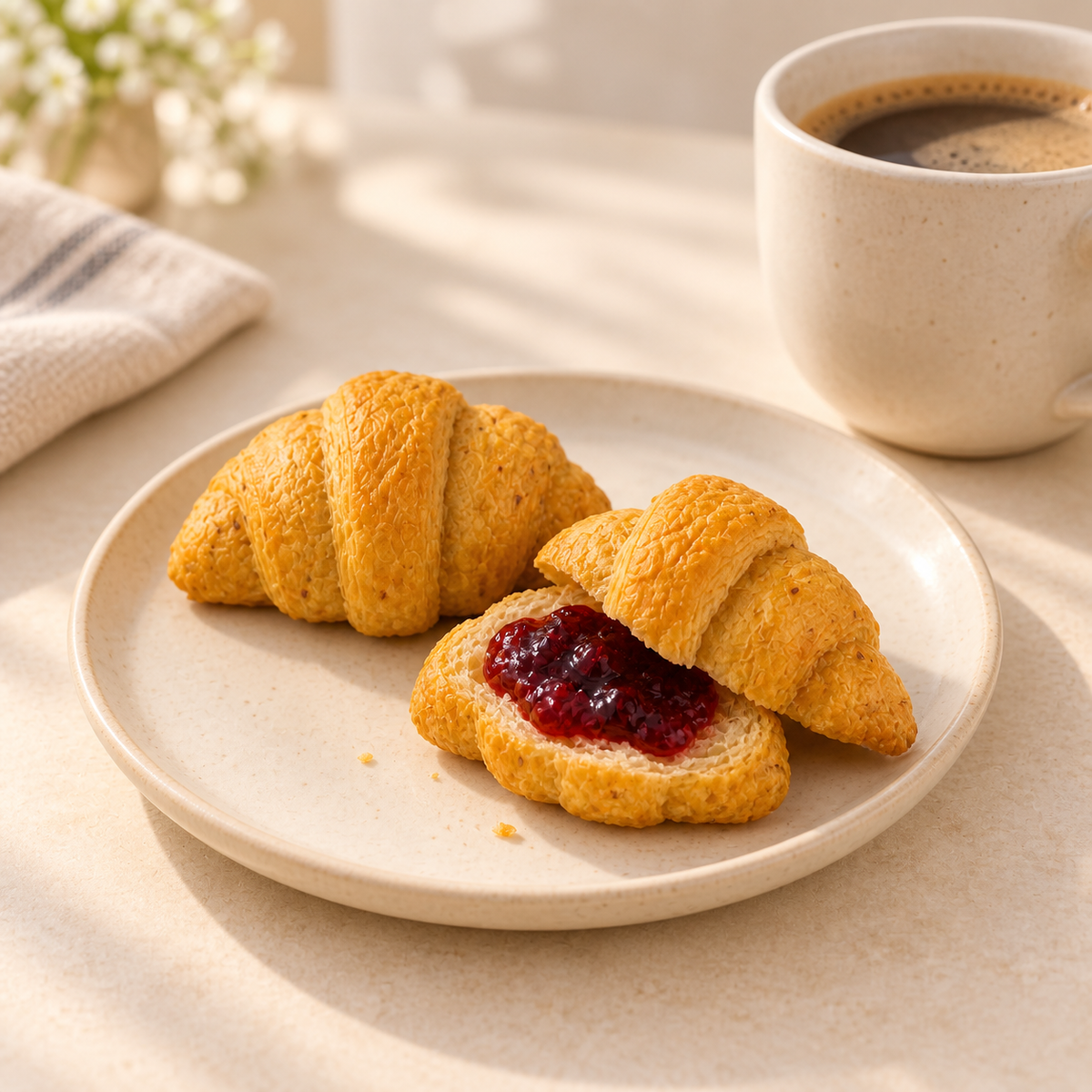 SRSLY mini croissants served with lower-sugar berry jam and coffee