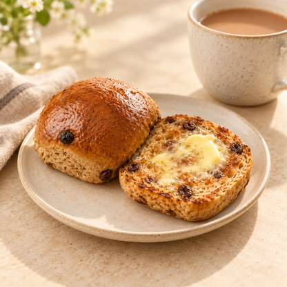 Toasted SRSLY Not Cross Bun with melting butter served with a cup of tea