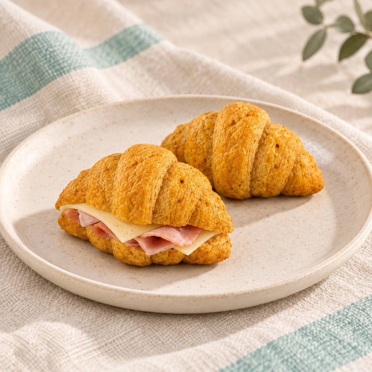 SRSLY mini croissant filled with ham and cheese on a cream plate