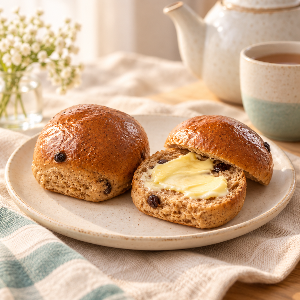 SRSLY Not Cross Buns served with butter for a warm teatime treat