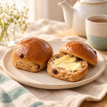 SRSLY Not Cross Buns served with butter for a warm teatime treat