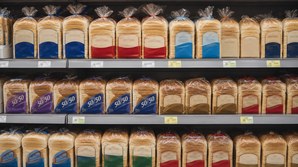Standard supermarket white or 50:50 sliced bread