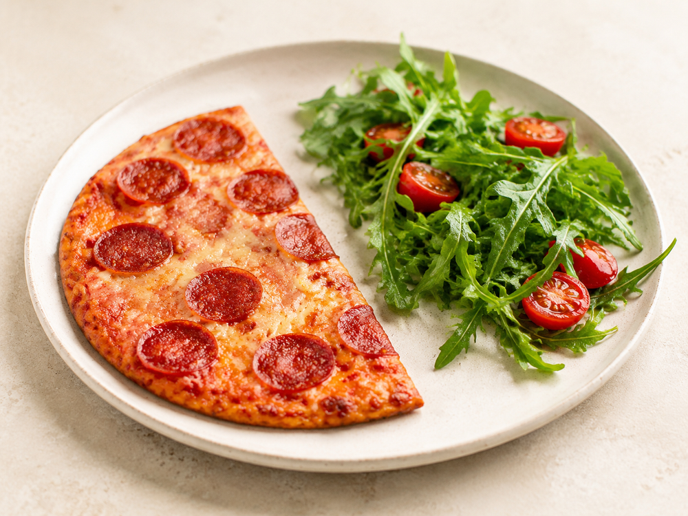 Half a SRSLY pepperoni pizza with rocket salad