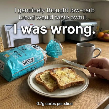 Person spreading butter on a slice of low-carb bread with text about low-carb bread tasting good.