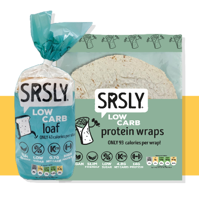 Packaging of SRSLY brand low carb loaf and high protein wraps. The loaf is shown in a blue wrapper and the wraps in a clear wrapper, both labeled with dietary information and claims.