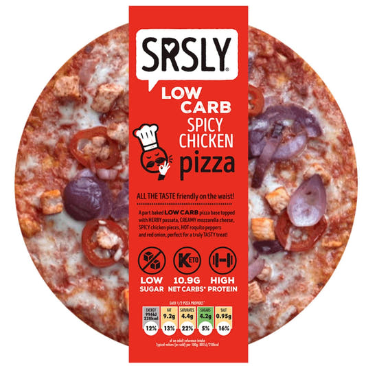 SRSLY low carb spicy chicken pizza in original red packaging