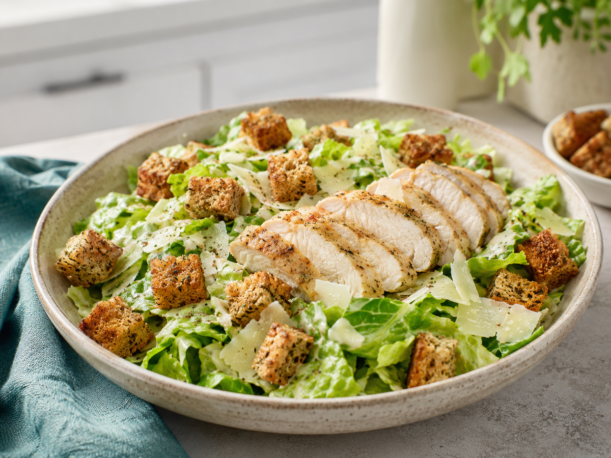 Chicken Caesar salad with low-carb garlic croutons cooked in an air fryer