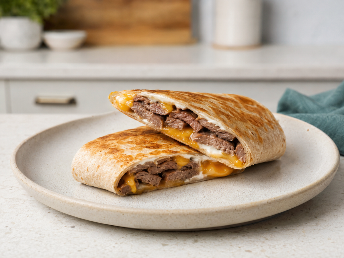High-protein steak and cheese wrap cooked until crispy in an air fryer