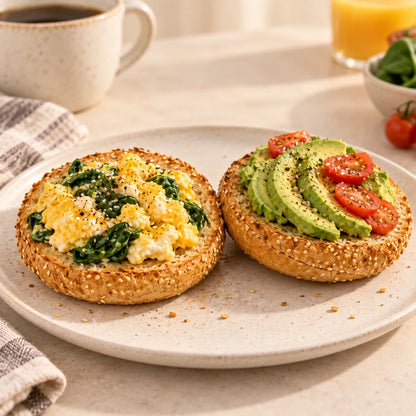 SRSLY low carb sesame bagel with scrambled egg, spinach, avocado and tomato