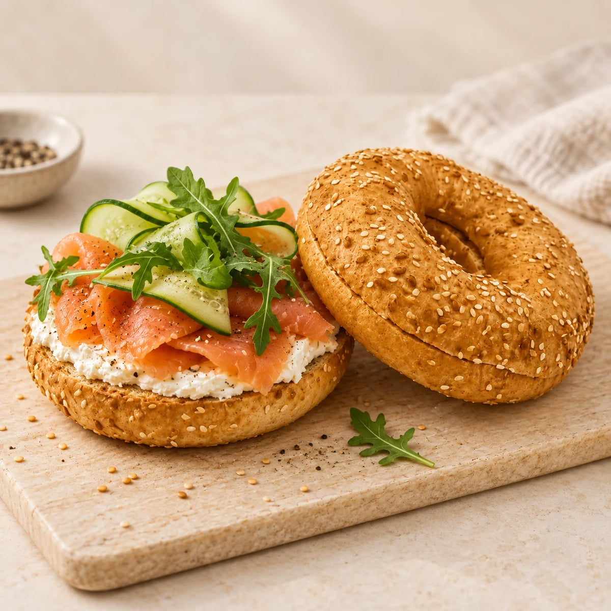 SRSLY low carb sesame bagel with cream cheese, smoked salmon, cucumber and rocket