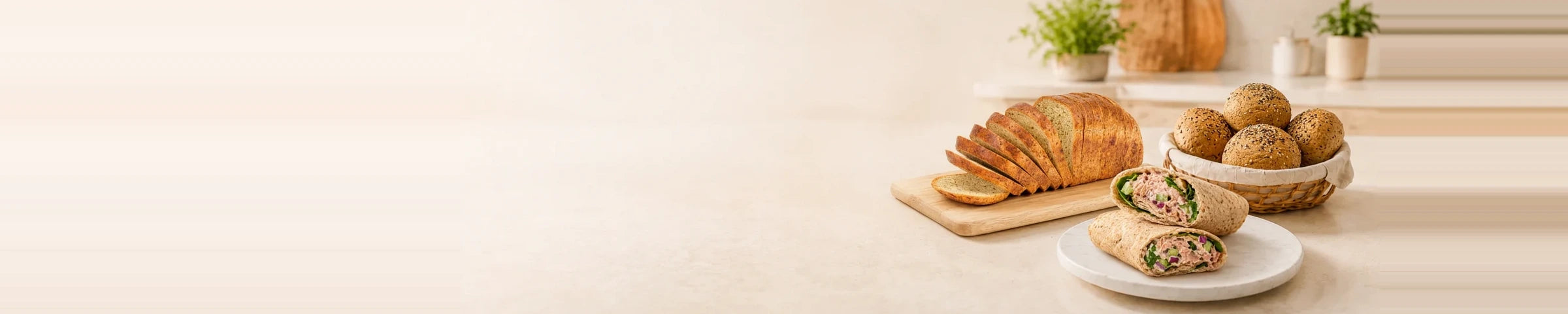 SRSLY low-carb bread and a freshly made chicken salad wrap in a modern kitchen