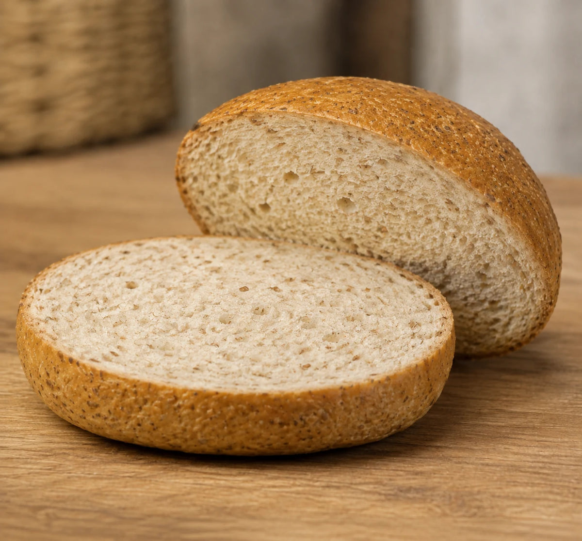 SRSLY low carb bread roll sliced in half showing its soft crumb