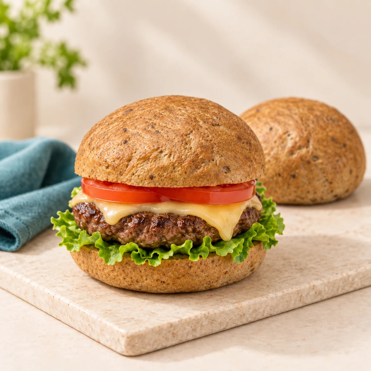 SRSLY low carb bread roll filled with a beef burger, lettuce, tomato and cheese