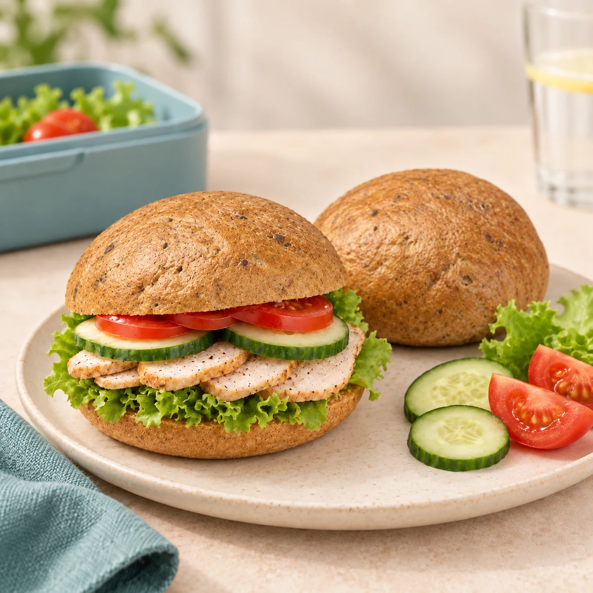 SRSLY low carb bread roll filled with chicken, lettuce, cucumber and tomato