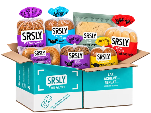 Open SRSLY delivery box packed with low-carb breads, rolls, wraps and bakery favourites