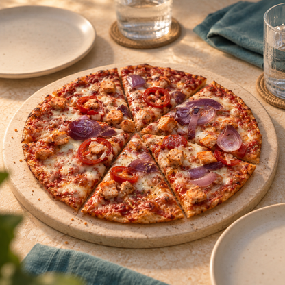 SRSLY spicy chicken pizza sliced and served for pizza night
