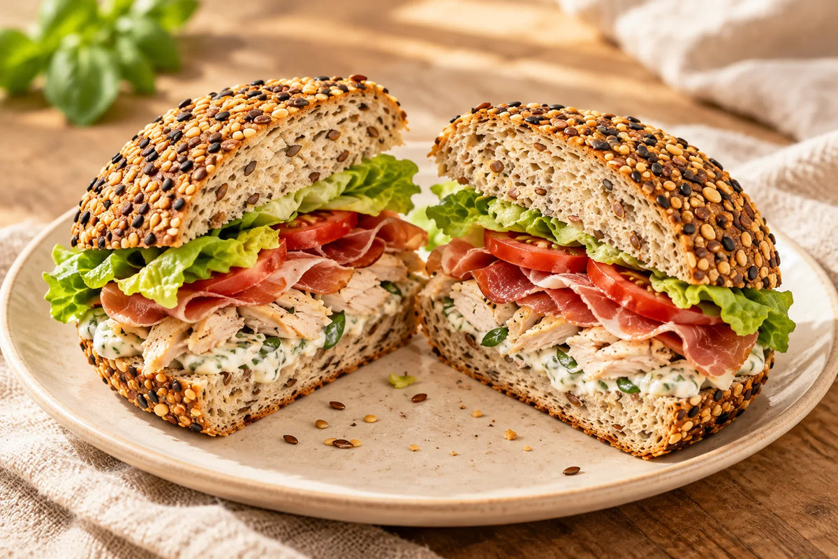 High-Protein Basil Chicken & Crispy Parma Ham Roll on a cream plate