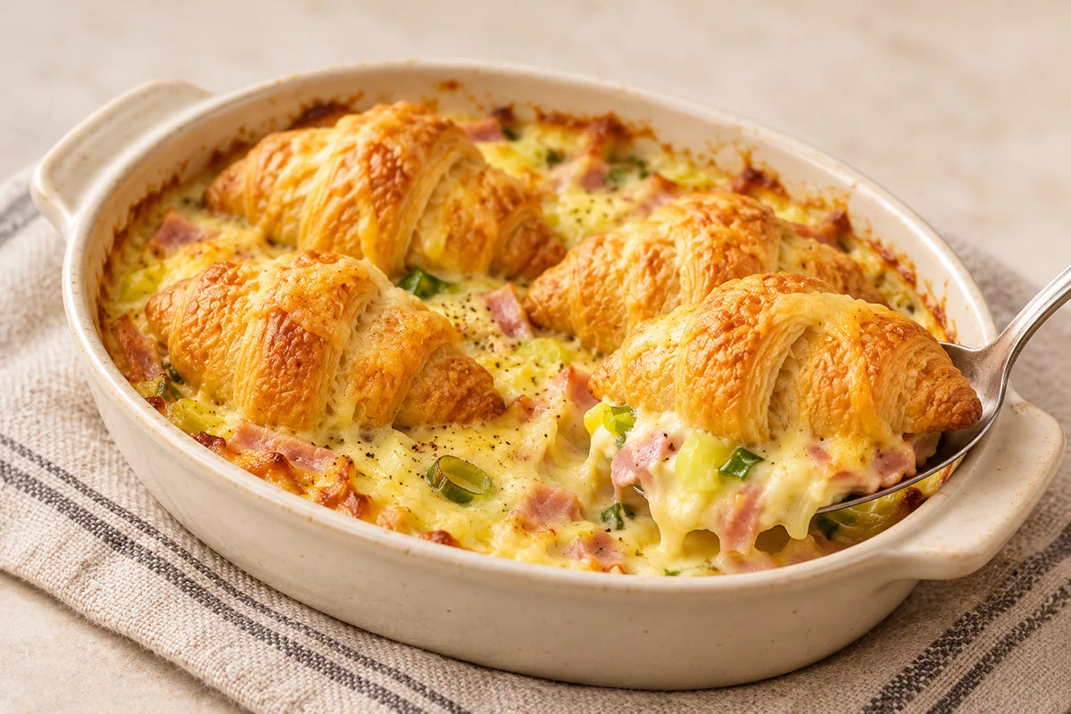 Four SRSLY mini croissants baked with ham, leeks and cheddar in a small two-serving dish.