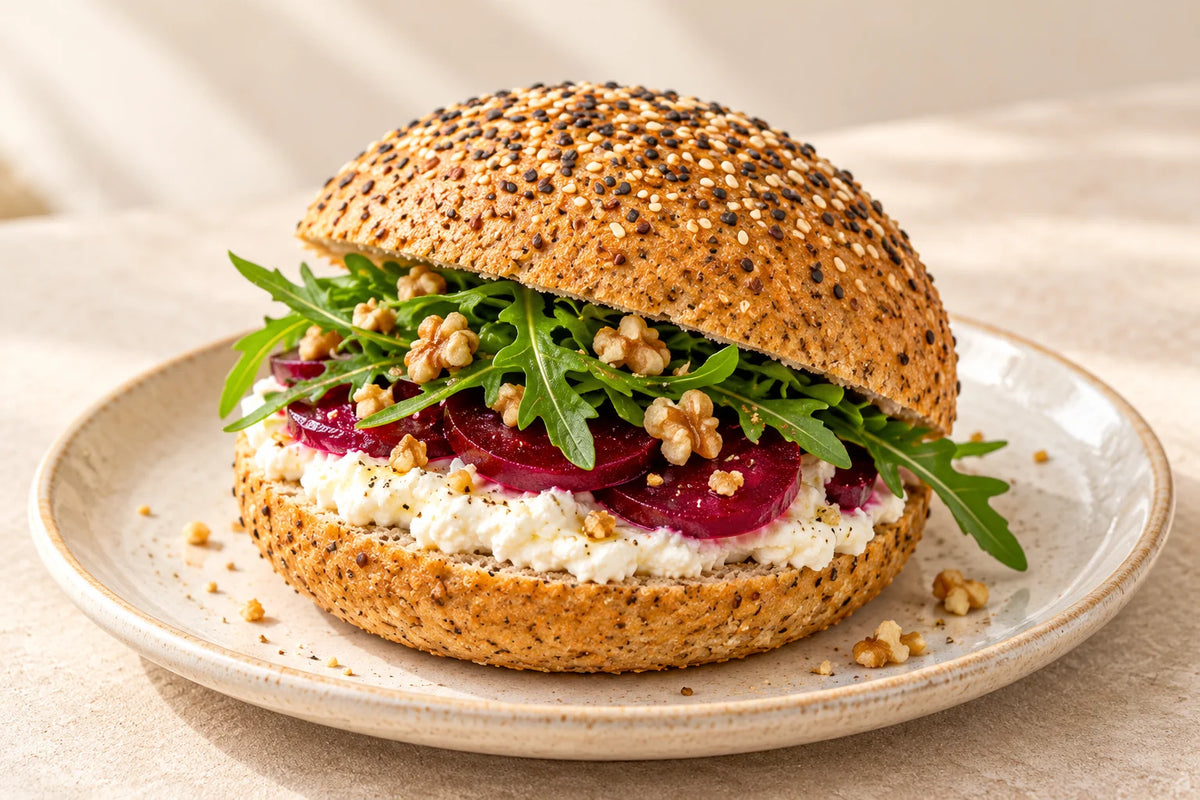A SRSLY seeded roll filled with whipped feta, sliced beetroot, rocket and chopped walnuts.