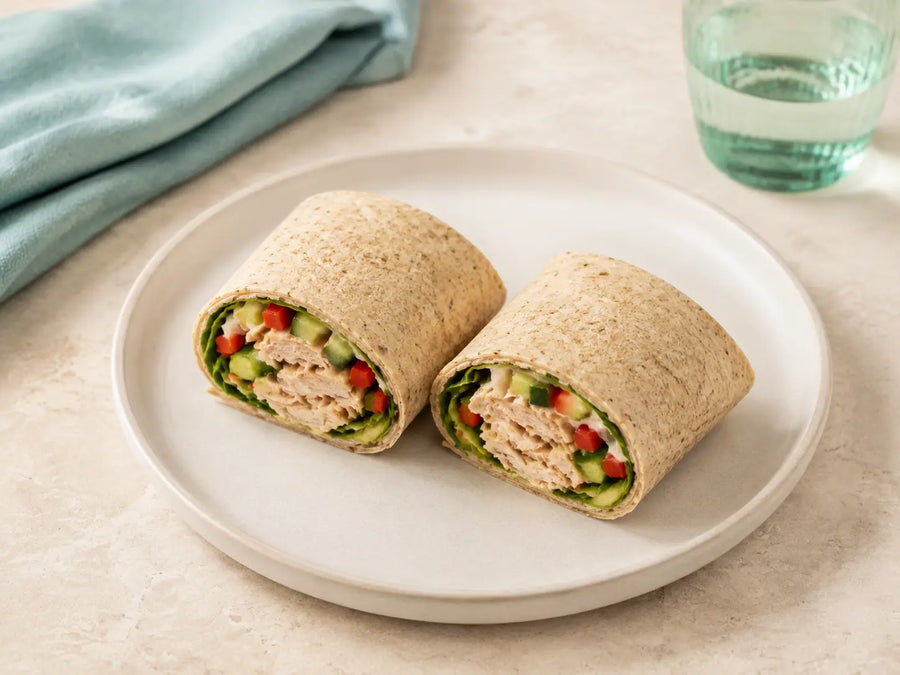SRSLY high-fibre wrap filled with chicken and vegetables for lunch
