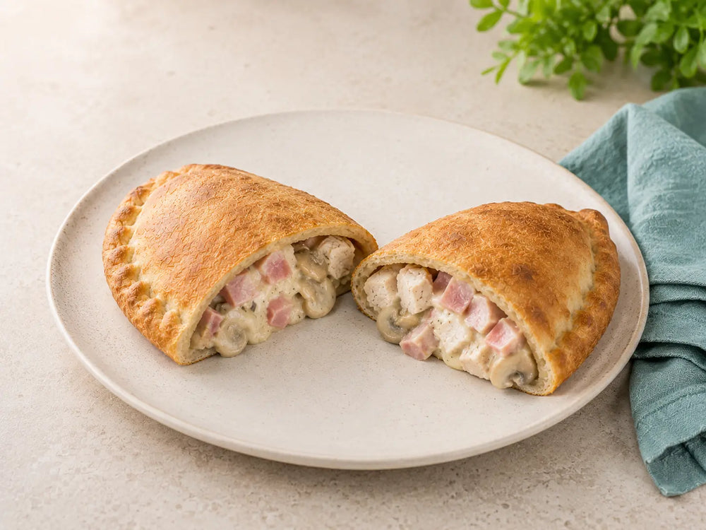SRSLY Chicken Ham and Mushroom Pizza Bake cut open to show the filling