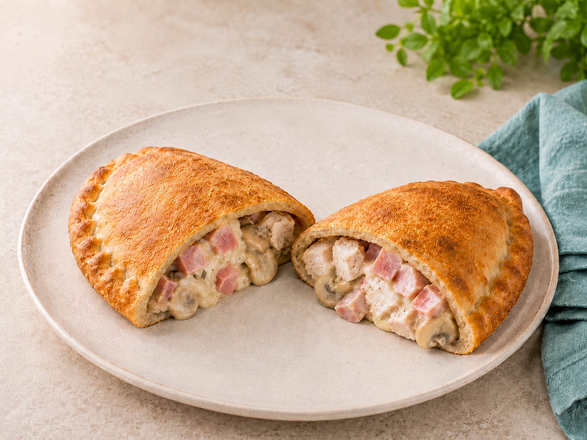 SRSLY pizza bake with chicken, ham and mushroom filling