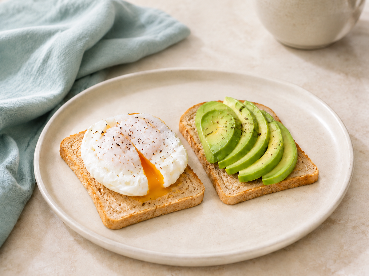 SRSLY sliced bread topped with a poached egg and avocado