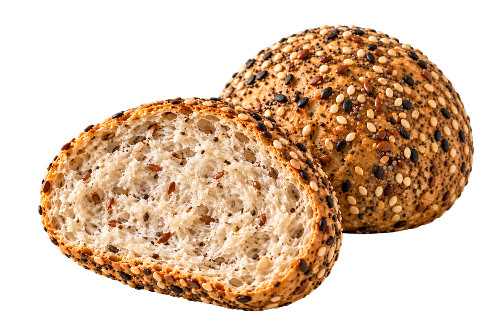 One whole and one sliced SRSLY seeded artisan bread roll