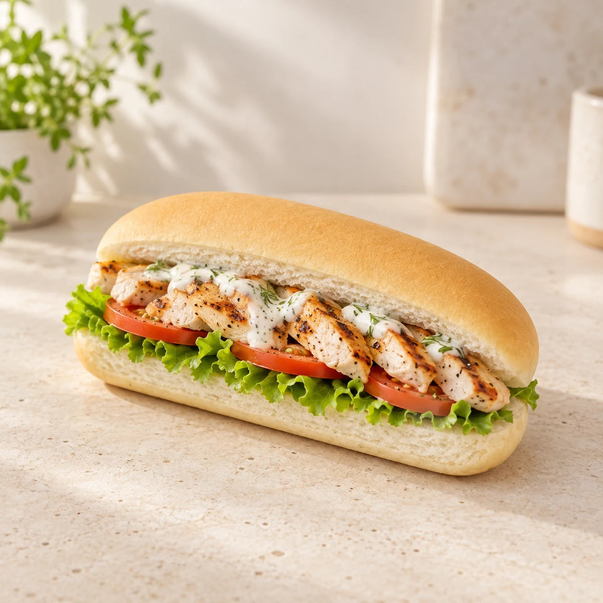 Grilled chicken salad served in a SRSLY low carb hot dog roll