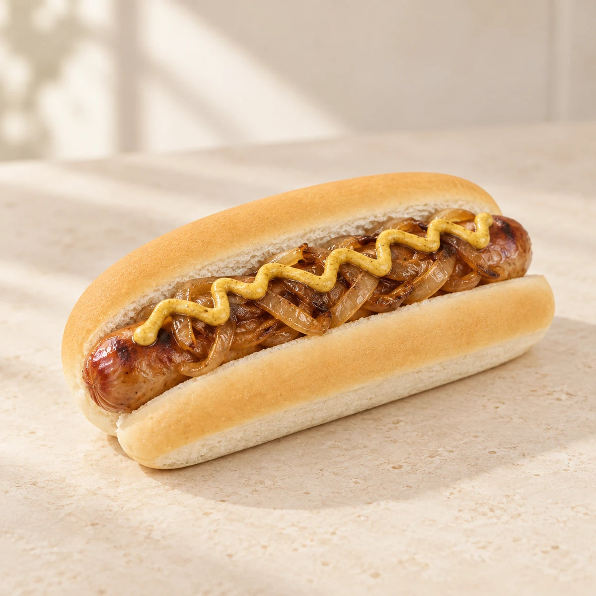 Classic sausage with onions and mustard in a SRSLY low carb hot dog roll