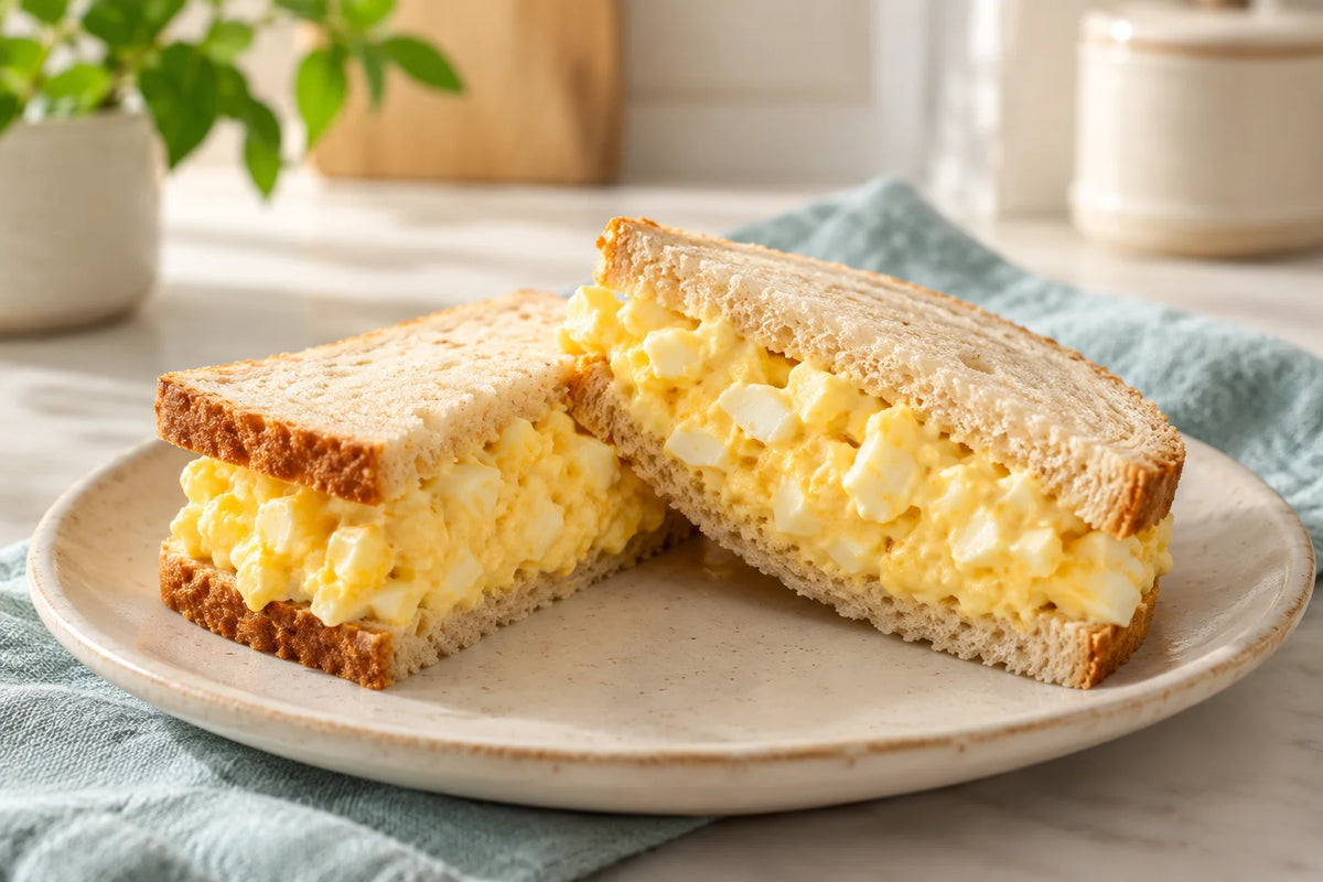 Creamy Japanese-inspired egg sandwich cut into two halves on SRSLY sliced bread