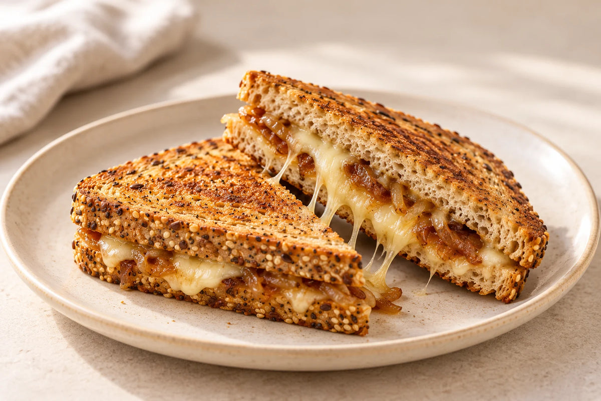 A seeded bread toastie with caramelised onions and melted Gruyère, cut into two halves.