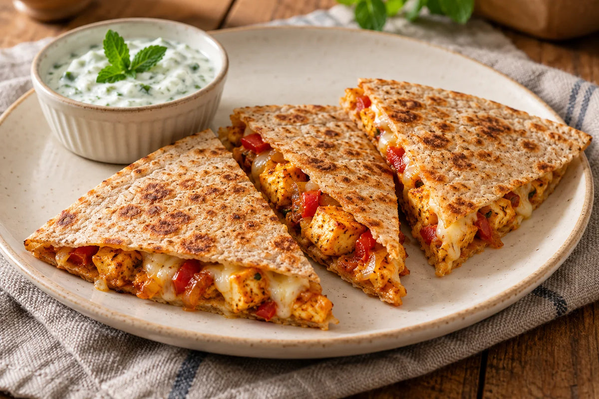 High-Protein Paneer Tikka Quesadilla on a cream plate