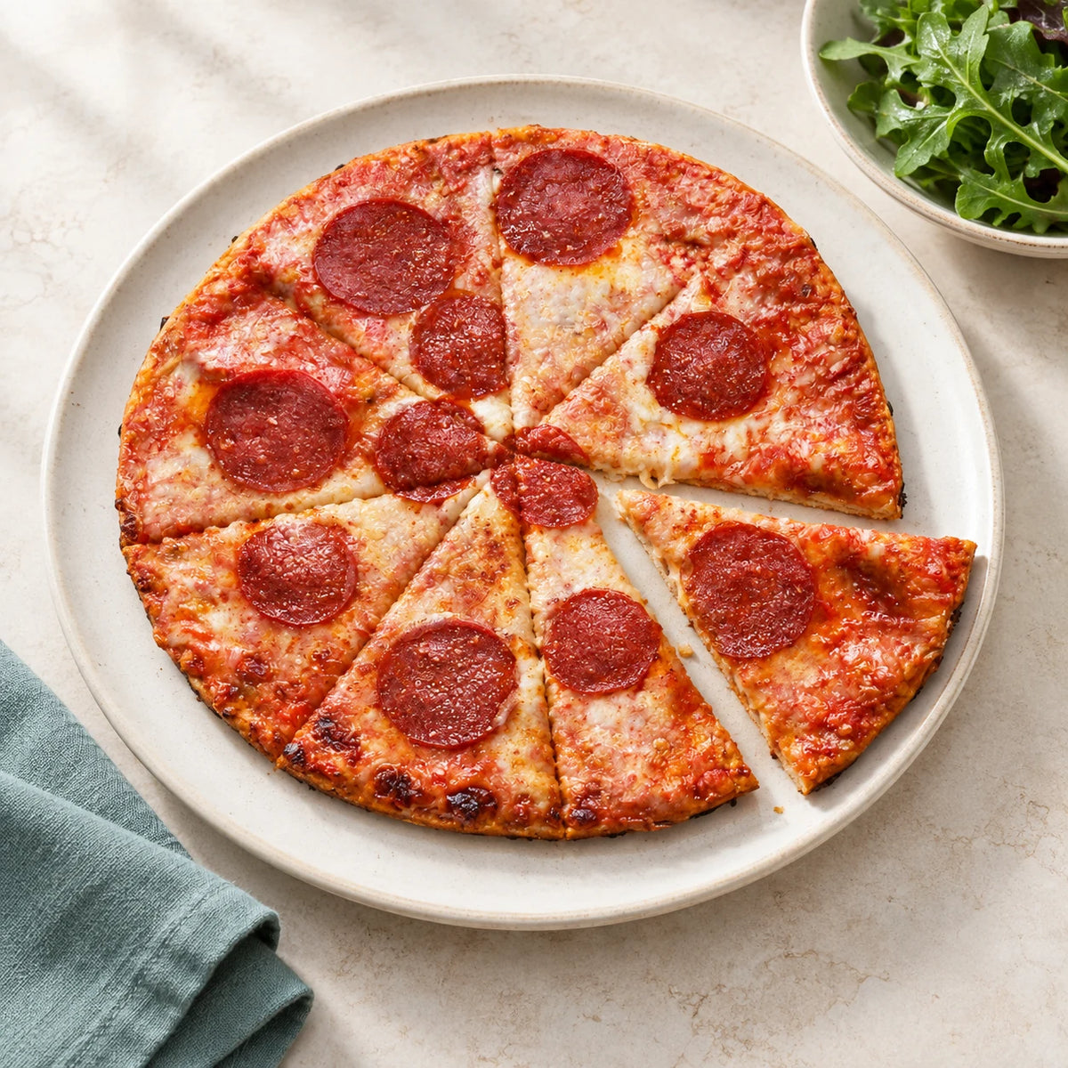 SRSLY Pepperoni Pizza served with salad