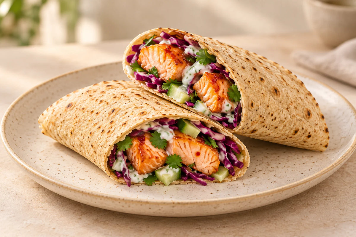 Chilli-lime salmon and crunchy purple cabbage in a SRSLY wrap, cut into two halves.