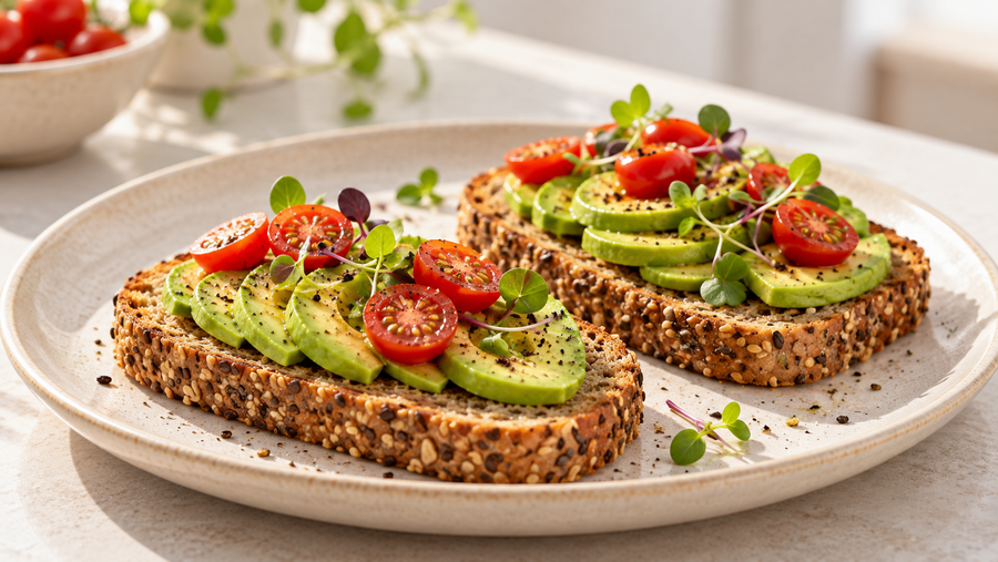Two slices of SRSLY seeded bread topped with avocado, cherry tomatoes and seeds for a high-fibre breakfast