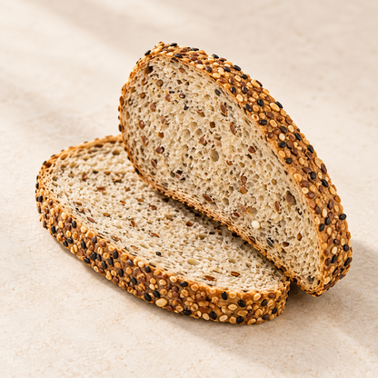 Two slices of SRSLY low carb seeded bread showing the mixed seed crust and crumb