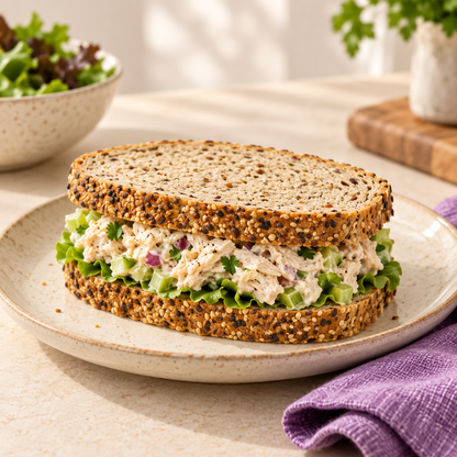 Chicken salad sandwich made with SRSLY low carb seeded sliced bread