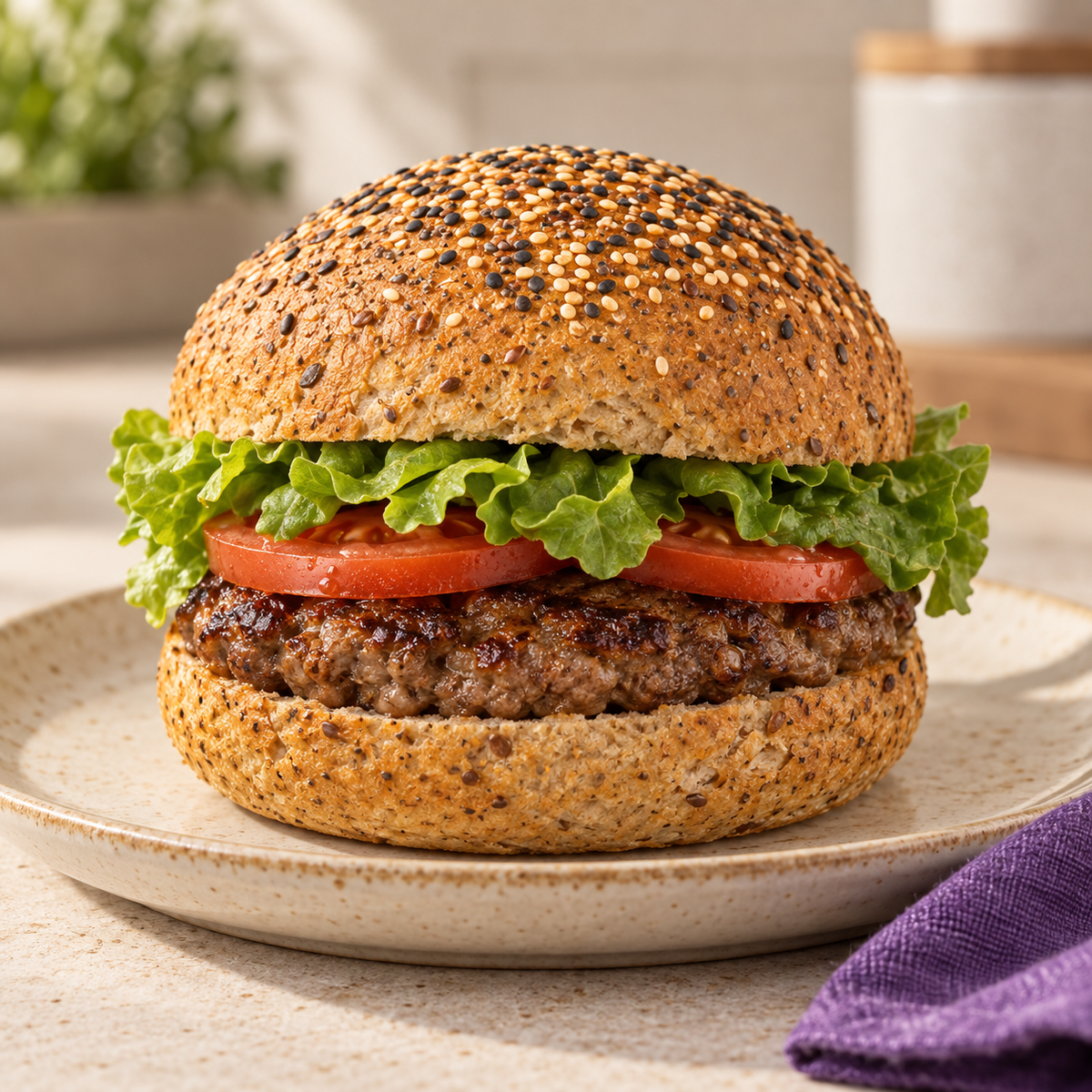 Burger served in an SRSLY low carb seeded artisan bread roll