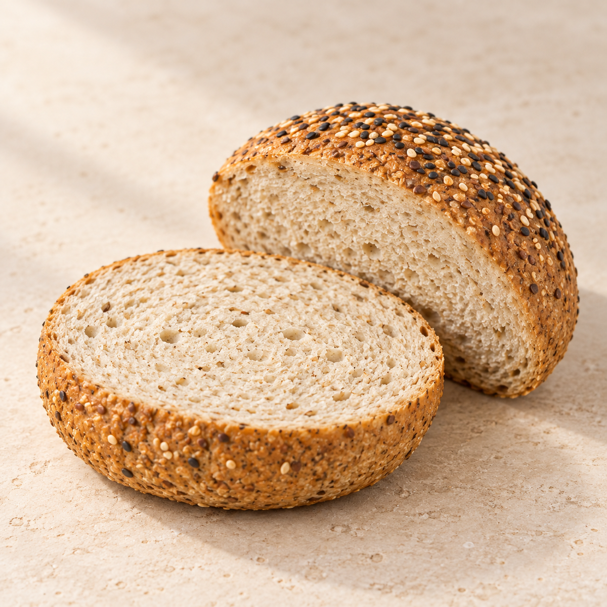 Cut SRSLY low carb seeded artisan roll showing the seeded crust and soft crumb