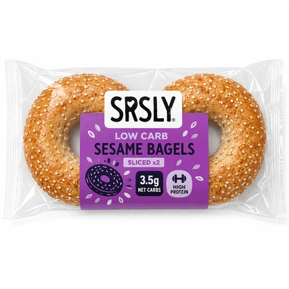 Pack of two SRSLY low carb sesame bagels in purple packaging