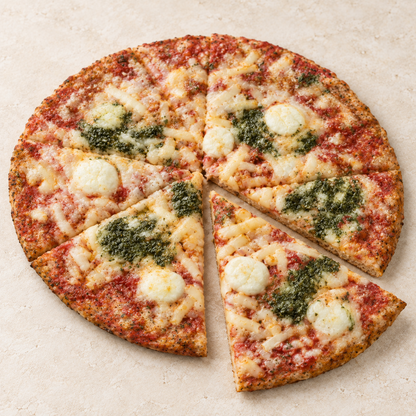 Cooked SRSLY low carb three cheese and pesto pizza cut into slices showing the thin base